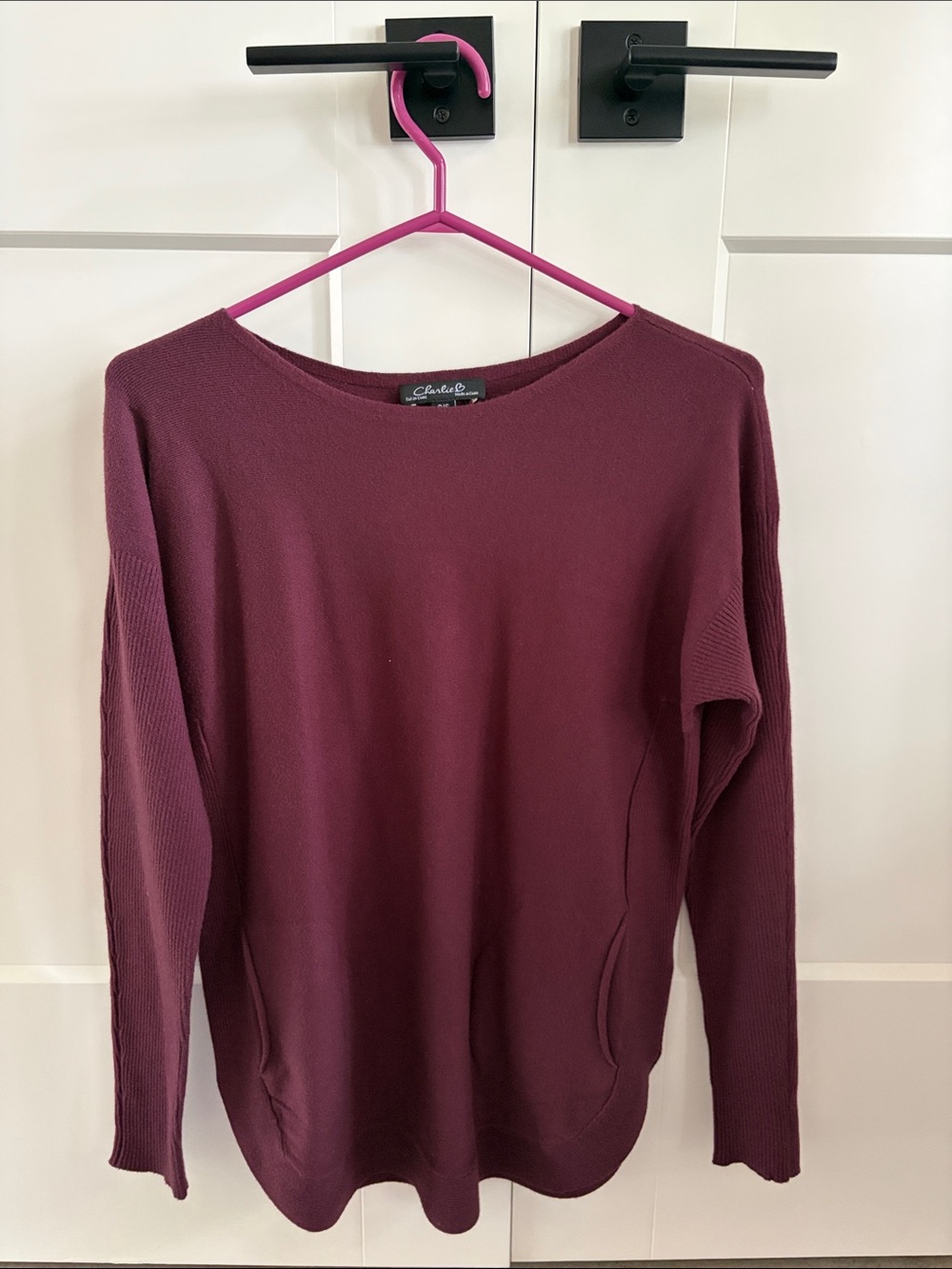 CHARLIE B Deep Wine Scoop Neck Sweater